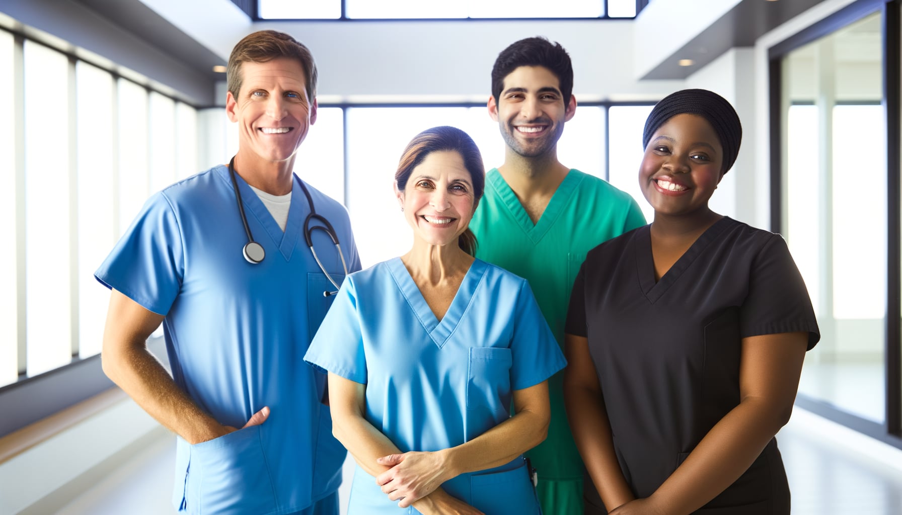 Professional healthcare caregivers and nurses smiling