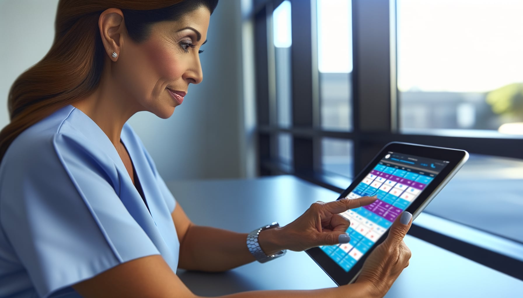 Healthcare administrator using Smart Scheduler tablet dashboard
